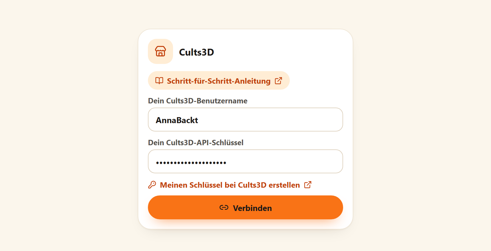 Die Cults3D-Karte unter Meine Shops mit ausgefüllten Feldern Dein Cults3D-Benutzername und Dein Cults3D-API-Schlüssel, dem Link zum Erstellen des Schlüssels und dem Button Verbinden.