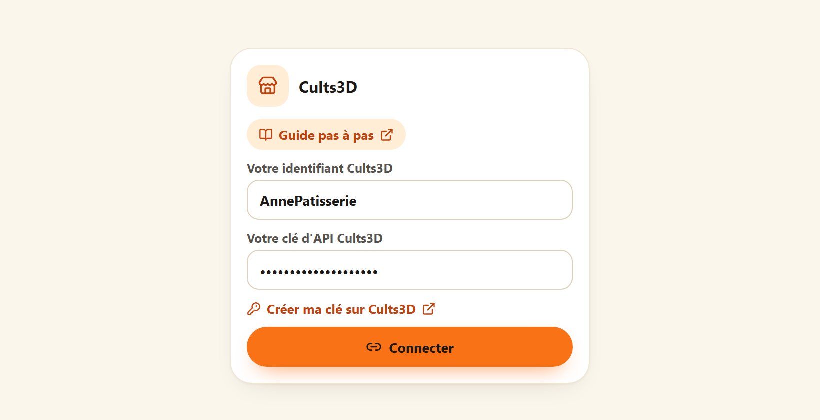 La carte Cults3D dans Mes boutiques avec les champs Votre identifiant Cults3D et Votre clé d'API Cults3D remplis, le lien pour créer la clé et le bouton Connecter.
