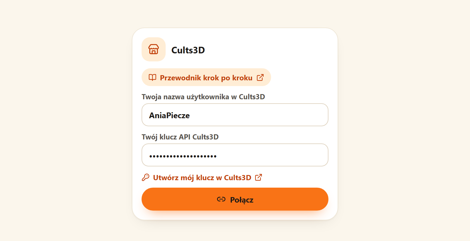Karta Cults3D w Moje sklepy z wypełnionymi polami Twoja nazwa użytkownika w Cults3D i Twój klucz API Cults3D, linkiem do utworzenia klucza i przyciskiem Połącz.