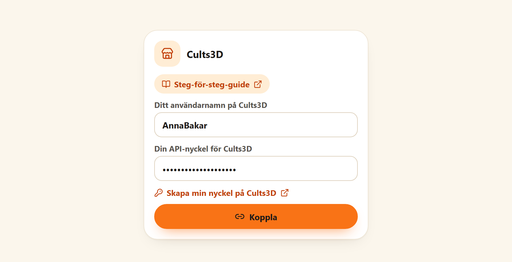 Cults3D-kortet i Mina butiker med fälten Ditt användarnamn på Cults3D och Din API-nyckel för Cults3D ifyllda, länken för att skapa nyckeln och knappen Koppla.